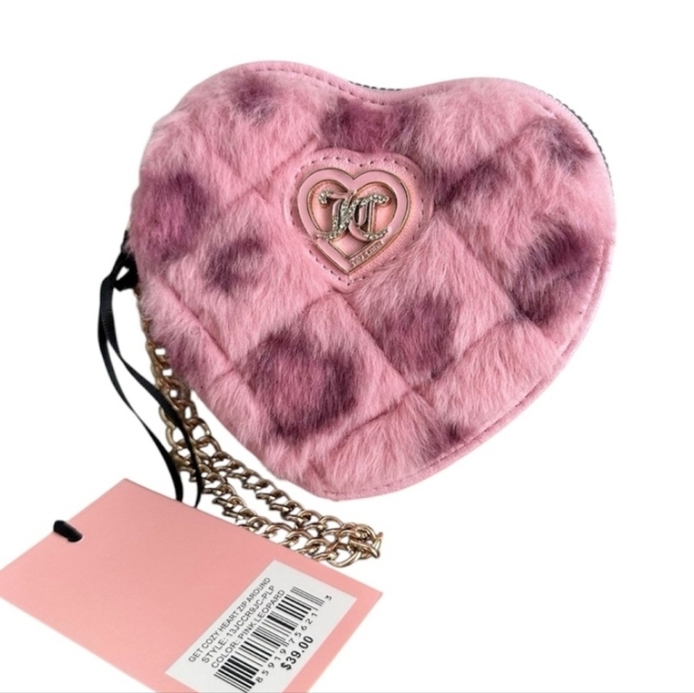 💕▪️Juicy Couture ▪️Pink Fluffy leopard Get Cozy Heart Zip Around Wristlet